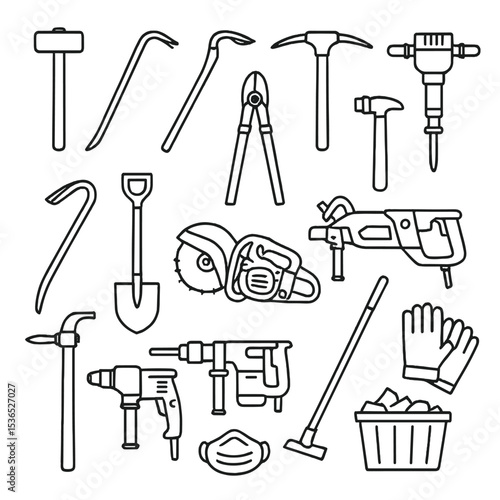 Demolition Tools Icons. Line style icons of demolition tools: sledgehammer, crowbar, pry bar, pickaxe, jackhammer, wrecking bar,