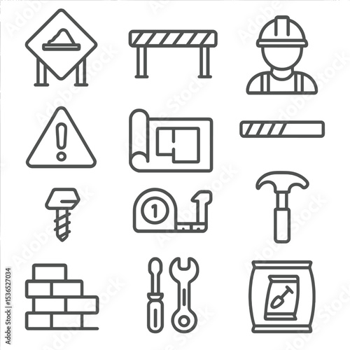 Construction Icons Collection. Line style icons of general construction icons: under construction sign, caution tape, worker with