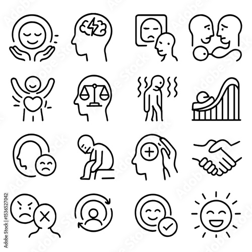 Psychological Emotion Icons. Line style icons of psychological emotion: inner peace, mental tension, emotional block, empathy,