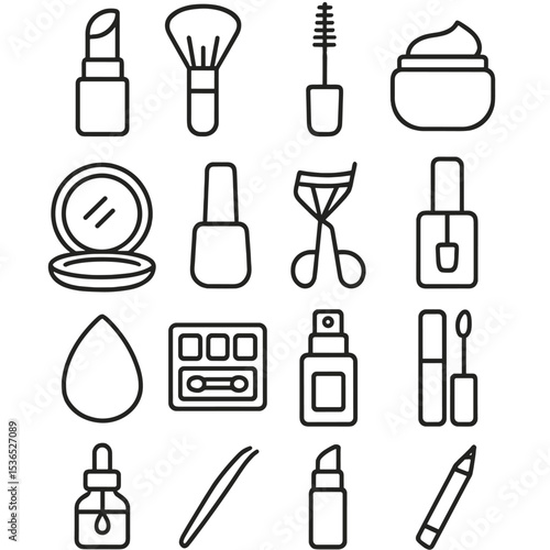 Beauty Essentials Icons. Line style icons of beauty essentials: lipstick, makeup brush, mascara wand, face cream, compact mirror,