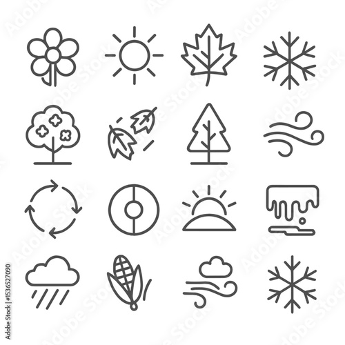 Seasonal Line Icons. Line style icons of seasons in nature: spring flower, summer sun, autumn leaf, winter snowflake, blooming