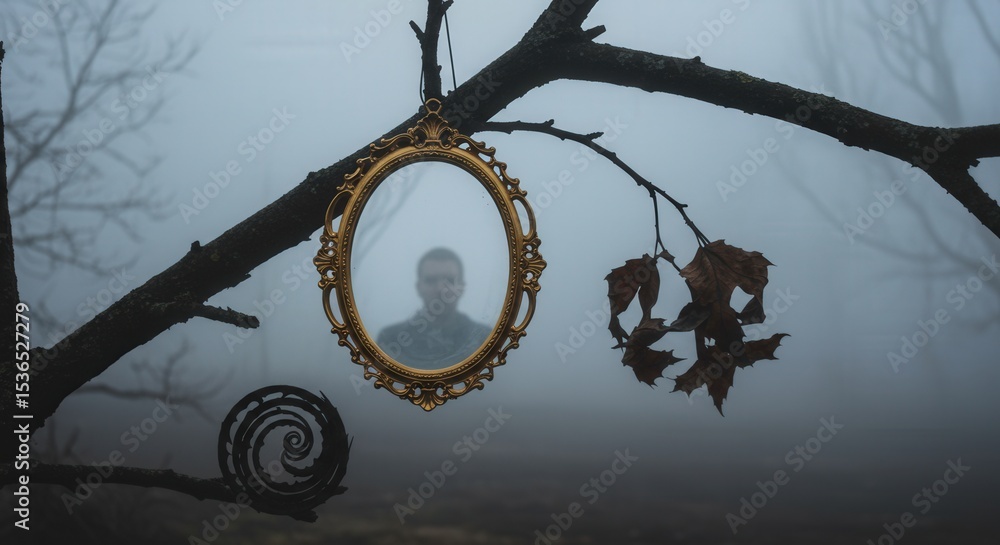 Fototapeta premium Foggy forest with vintage mirror reflecting silhouette on tree branch. Halloween theme