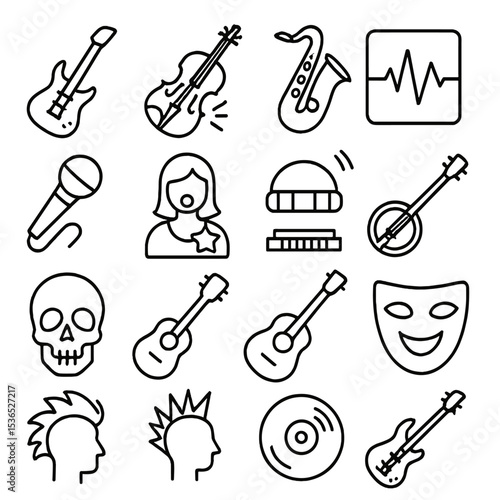 Music Genre Icons. Line style icons of music genres: rock guitar, classical violin, jazz saxophone, EDM beat, hip-hop mic, pop
