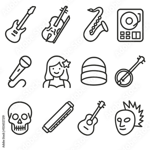Music Genre Icons. Line style icons of music genres: rock guitar, classical violin, jazz saxophone, EDM beat, hip-hop mic, pop