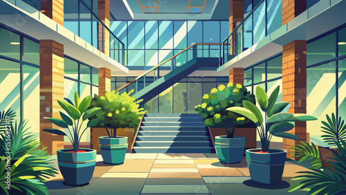 Modern office building interior with lush green plants in sleek metal planters flanking a staircase, creating a tranquil and vibrant atmosphere. : Generative .