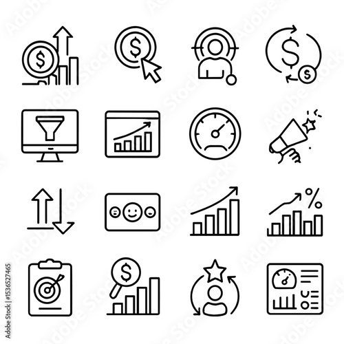 KPI Line Icons. Line style icons of KPIs and ROI: return on investment, cost per click, customer acquisition, LTV icon, conversion