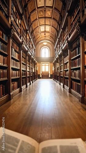 Wallpaper Mural Open antique book with aged paper foreground view in a library with arch ceiling and endless bookshelves stretching into bright window light. Torontodigital.ca