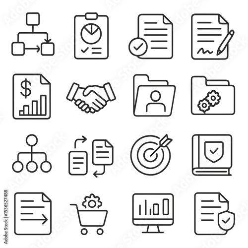 Business Operations Icons. Line style icons of business operations: workflow chart, task progress, file approval, contract icon,