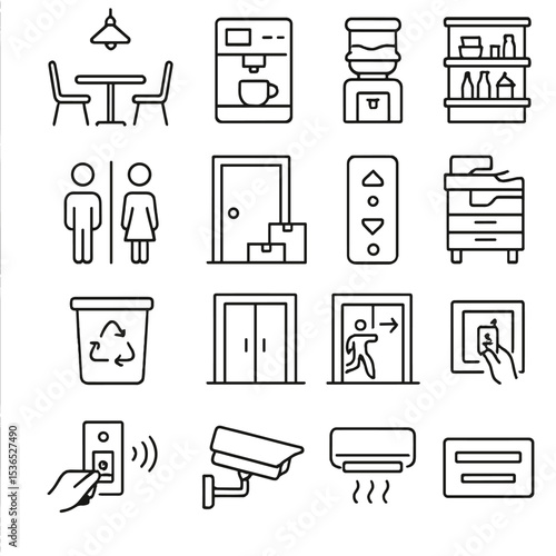 Office Facility Icons. Line style icons of office facilities: breakroom, coffee machine, water cooler, pantry shelf, restroom sign