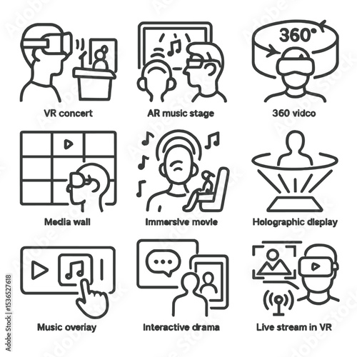 Entertainment Line Icons. Line style icons of entertainment and media: VR concert, AR music stage, 360 video, immersive movie,