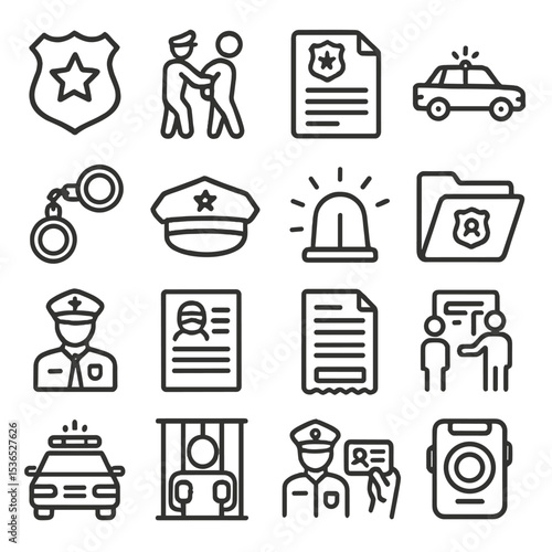 Law Enforcement Icons. Line style icons of law enforcement: police badge, arrest icon, police report, patrol icon, handcuffs,