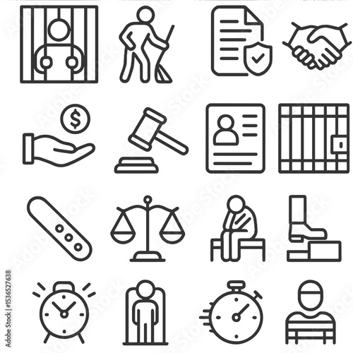 Justice Icons Collection. Line style icons of punishment and justice: prison icon, community service icon, probation paper, parole