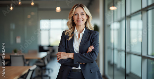 Portrait of a professional woman in a suit standing in a modern office. Mature business woman looking at the camera in a workplace meeting area	