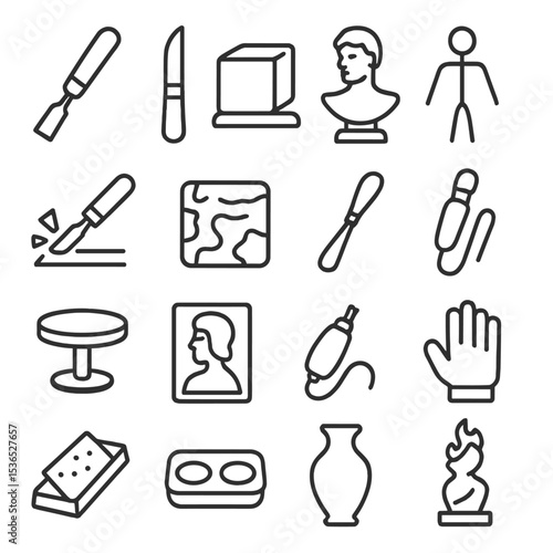 Sculpture Tool Icons. Line style icons of sculpture and 3D art: chisel tool, sculpting knife, clay block, 3D bust, wire armature,