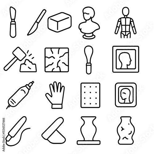 Sculpture Tool Icons. Line style icons of sculpture and 3D art: chisel tool, sculpting knife, clay block, 3D bust, wire armature,