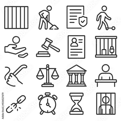 Justice Icons Collection. Line style icons of punishment and justice: prison icon, community service icon, probation paper, parole