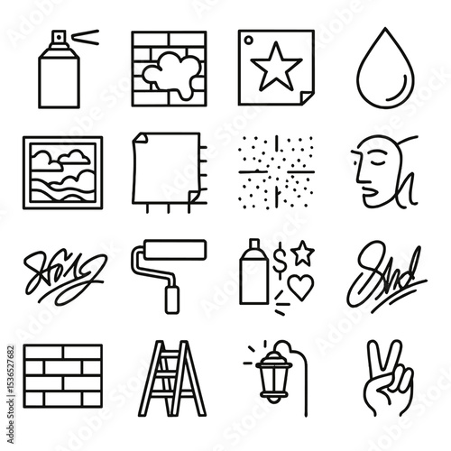Urban Art Icons. Line style icons of urban and street art: spray can, graffiti wall, stencil icon, paint drip, street mural, wheat