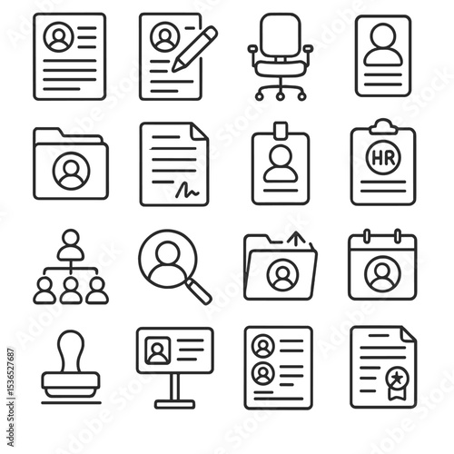 HR Essentials Icons. Line style icons of HR essentials: resume icon, job application, interview chair, candidate profile, employee