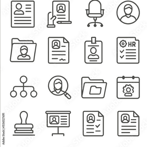 HR Essentials Icons. Line style icons of HR essentials: resume icon, job application, interview chair, candidate profile, employee