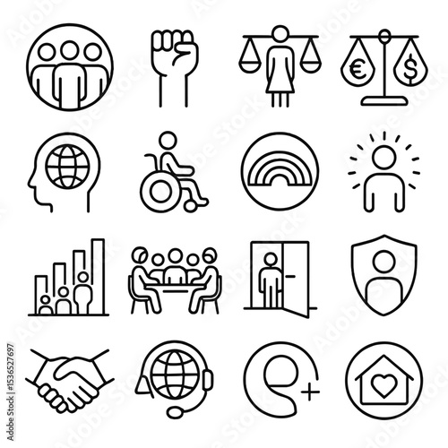 Diversity Line Icons. Line style icons of diversity and inclusion: inclusive team, DEI icon, gender balance, equal pay icon,