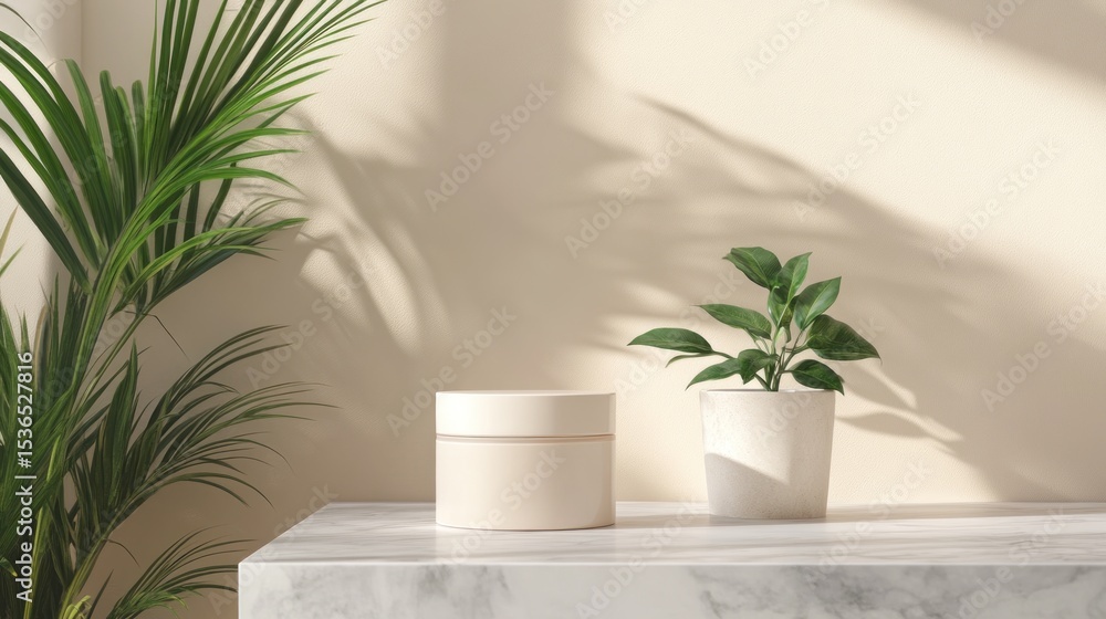 Cream jar mockup with plants background Cream jar mockup with plants background