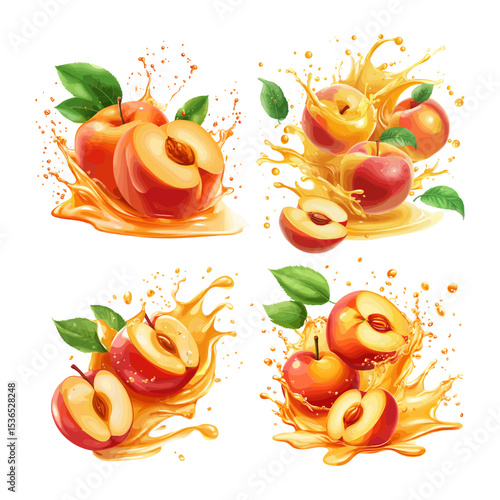 Juice peach cartoon concepts. Nectarine leaves flow sprains splashes sprays leaks splash fruits juicy swirls, drinks beverages package product design, isolated vector illustration on white backdrop