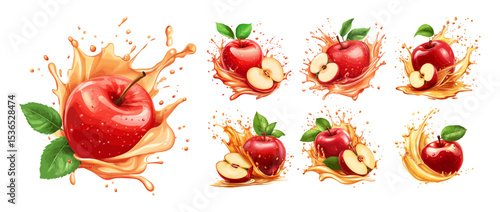 Juicy red apple with fresh splash cartoon vector set. Droplets splatters glossy refreshing fruit vitamin rich food sparkling juice harvest organic produce mouthwatering isolated illustration
