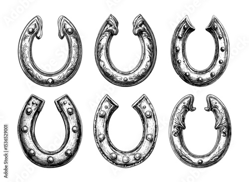 Lucky horseshoe engraving vector set. Iron metal rustic farmhouse symbol blacksmith craft equestrian decor folk western steel patina country wedding stable gear equine luck good fortune protection
