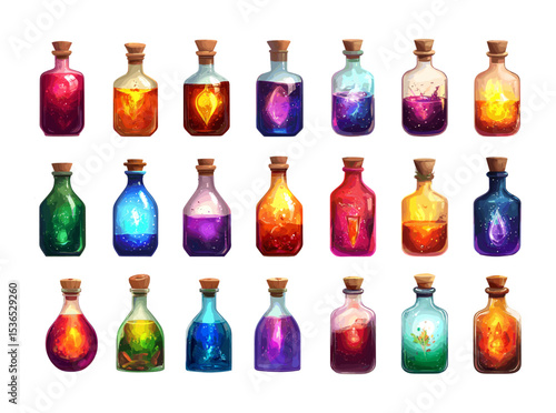Magic bottles cartoon vector set. Alchemist glass elixirs poison brew potions mixture flasks wizards sorcerer vials, isolated illustrations on white background