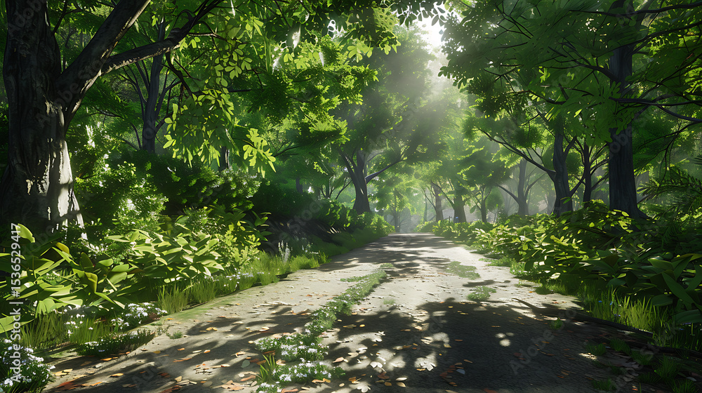 Fototapeta premium Serene Sunlit Forest Paths: Morning Light Filtering Through Lush Canopies