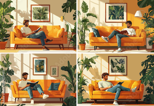 Man reading book relaxed pose cozy cartoon vector scenes. Sofa room plant sitting male character, home comfort casual attire peaceful vibe, quiet literature leisure relax time lover illustration