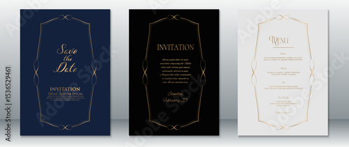 Wallpaper Mural Sophisticated wedding invitation set featuring infinity-inspired gold frames on navy, black, and white backgrounds. Includes Save the Date, Invitation, and Menu designs. Torontodigital.ca