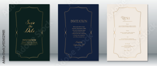 Wallpaper Mural Sophisticated wedding invitation set with gold-outlined modern classic frames on rich navy, forest green, and soft cream backgrounds. Includes Save the Date, Invitation, and Menu designs. Torontodigital.ca