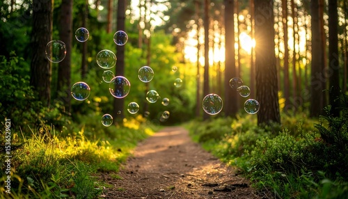 Fototapeta Naklejka Na Ścianę i Meble -  Sunlit forest path with soap bubbles