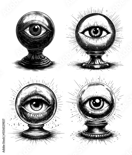 Mystical crystal ball with eye inside engraving vector set. Glass orb magical energy fantasy artifact divination tool sorcery supernatural power occult symbol, psychic vision arcane knowledge device