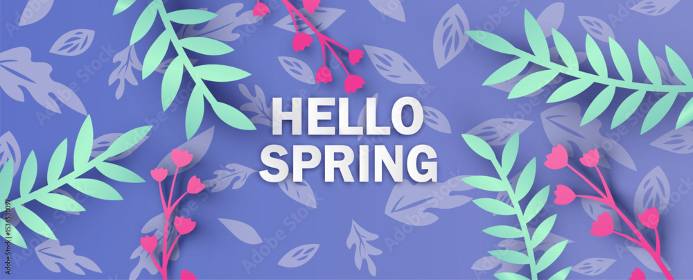 Obraz premium Hello Spring text decorated with flower, leaves. Hello Spring banner. paper cut and craft style. vector, illustration.