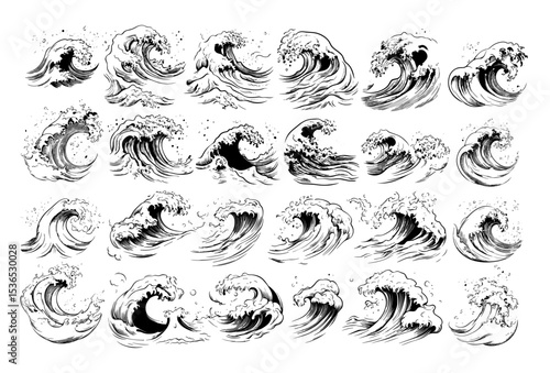 Ocean waves black ink sketch vector set. Water splashes crashing white foam sea spray surf coastal dynamic motion power marine energy salty breeze seas stormy tides tranquil surface maritime isolated
