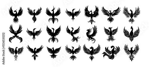 Phoenix logo black ink vector set. Birds rising flames feathers wings tail plumage mythical rebirth sacred fire ancient mythology animal, isolated illustration on white background