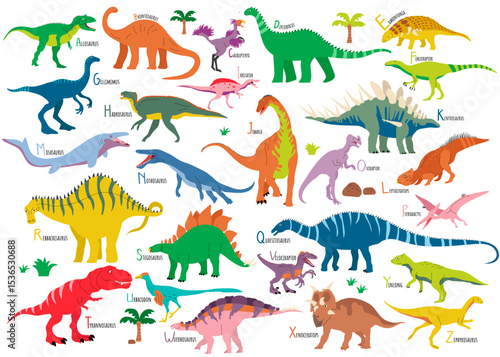 Colorful cute dinosaurs alphabet illustration