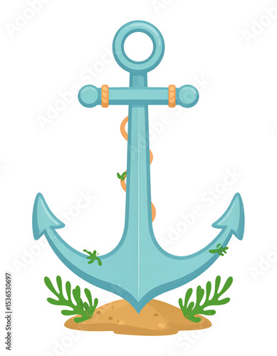 A nautical anchor on the seabed isolated on trans. This vibrant illustration features a classic anchor design surrounded by marine elements, perfect for adding a touch of maritime charm to any project