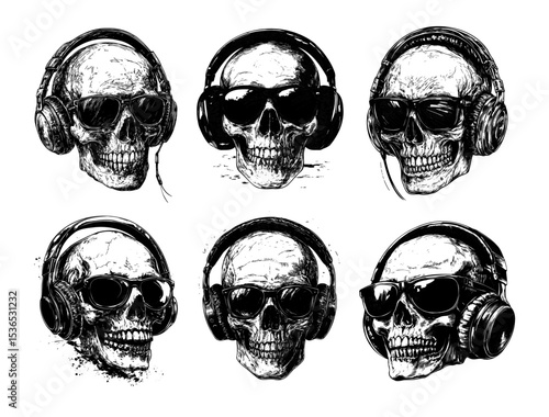 Skull wearing glasses headphones black ink sketch vector set. Undead music reaper human bone head remain death bony dj skeleton rocker punk audio rebellious spirit urban decay isolated on white