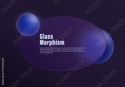 Dark glass morphism oval panel with blue spheres