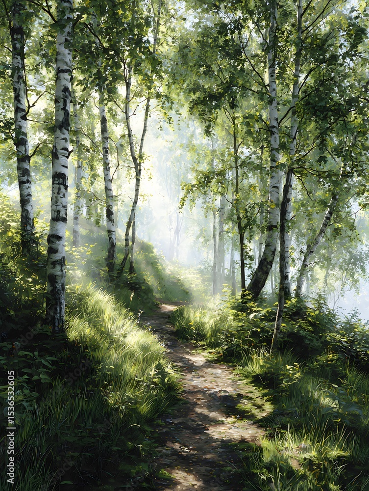 Fototapeta premium Peaceful birch forest path lit by soft sunbeams, serene summer morning