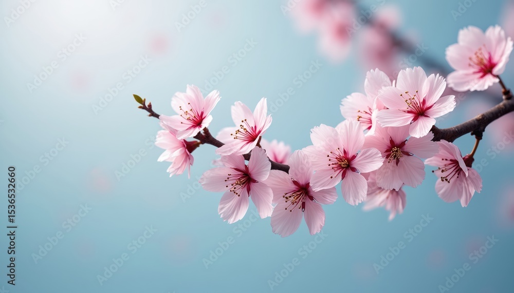 Cherry blossom branch. Pink flowers against a soft blue background. Nature, spring, and new beginnings. Floral design. Perfect for spring and summer themed products. Beauty in bloom for decoration. Cherry blossom branch. Pink flowers against a soft blue background. Nature, spring, and new beginnings. Floral design. Perfect for spring and summer themed products. Beauty in bloom for decoration.