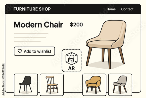 Modern Chairs Shop. Online furniture shop. Vector illustration of modern chairs, AR view option, and add to wishlist feature on