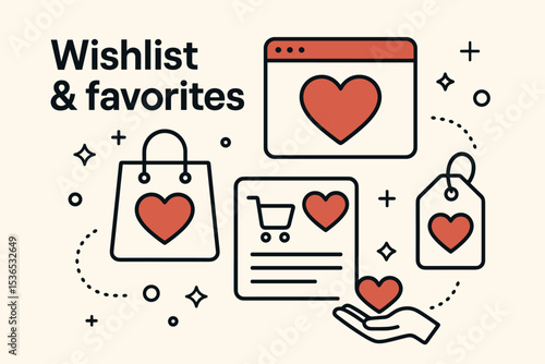 Wishlist Heart Icons. Wishlist and favorites. Vector illustration of heart icons, wishlisted products, save for later options, and