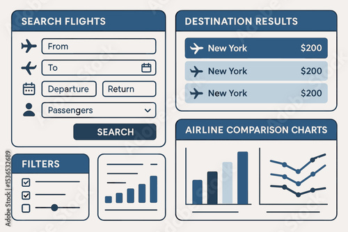 Flight Booking Interface. Flight booking process. Vector illustration of website interface, search filters, destination results,