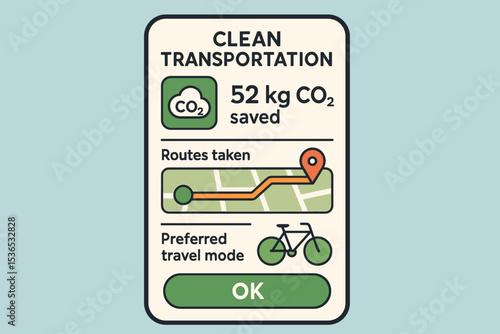 Eco Transportation App. Vector illustration of clean transportation app interface showing carbon saved, routes taken, and