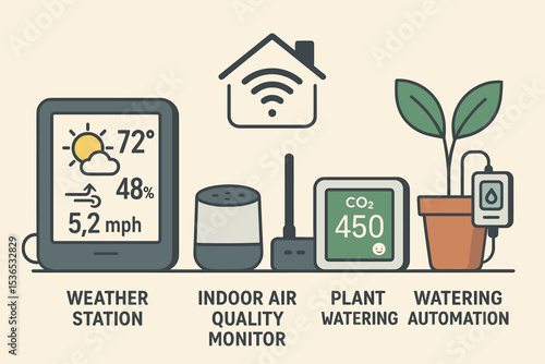 Smart Home Technology. Smart home setup Vector illustration with weather station, indoor air quality monitor, and plant watering