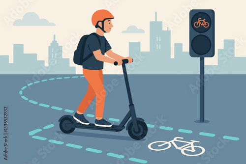 E-Scooter Smart Navigation. Vector illustration of e-scooter rider following smart path indicators and stopping at digital traffic